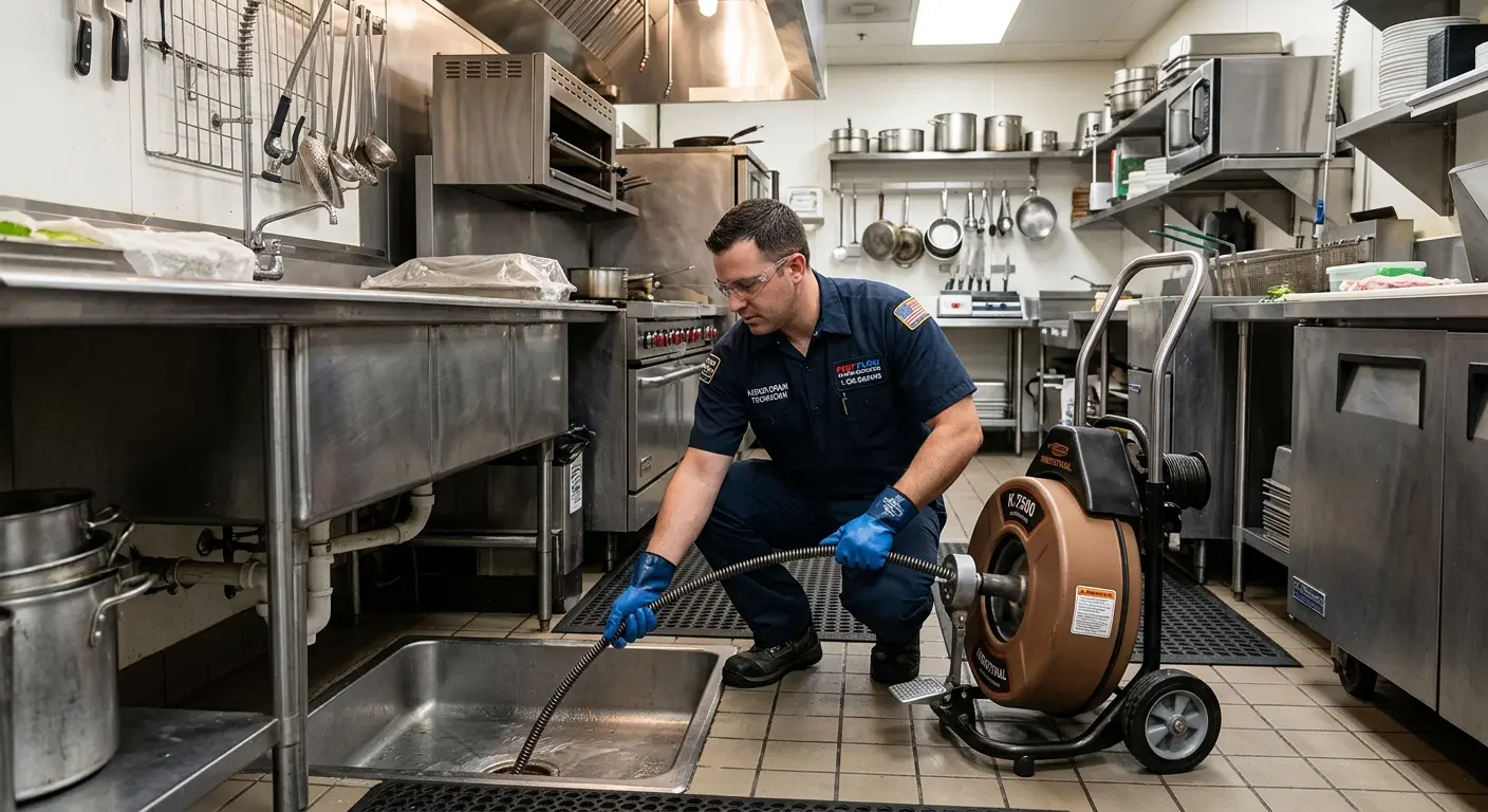 Commercial drain cleaning service in a restaurant kitchen in Carterville