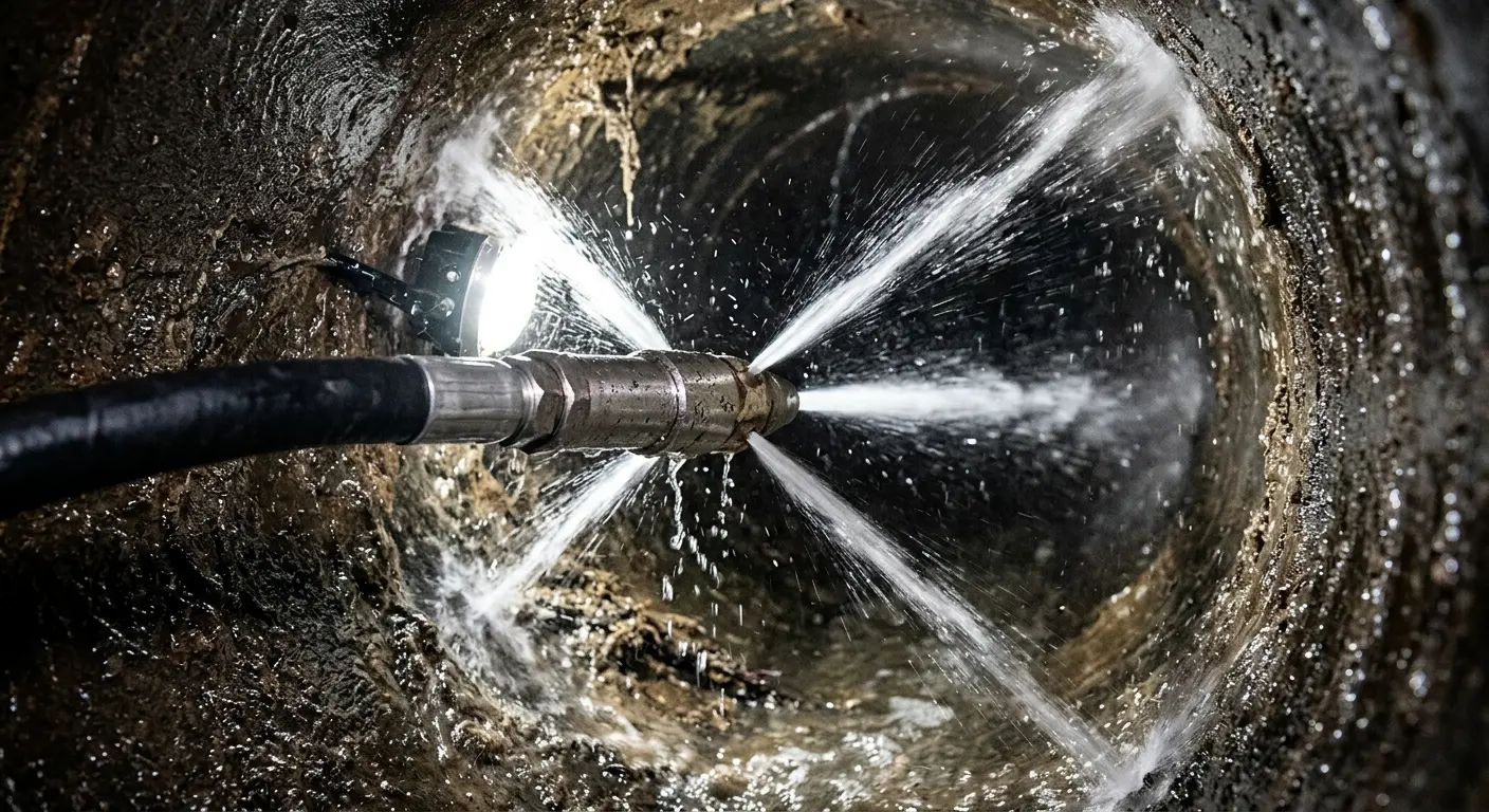 High-pressure hydro jetting nozzle cleaning sewer pipe for Storm Drain Cleaning in Carterville