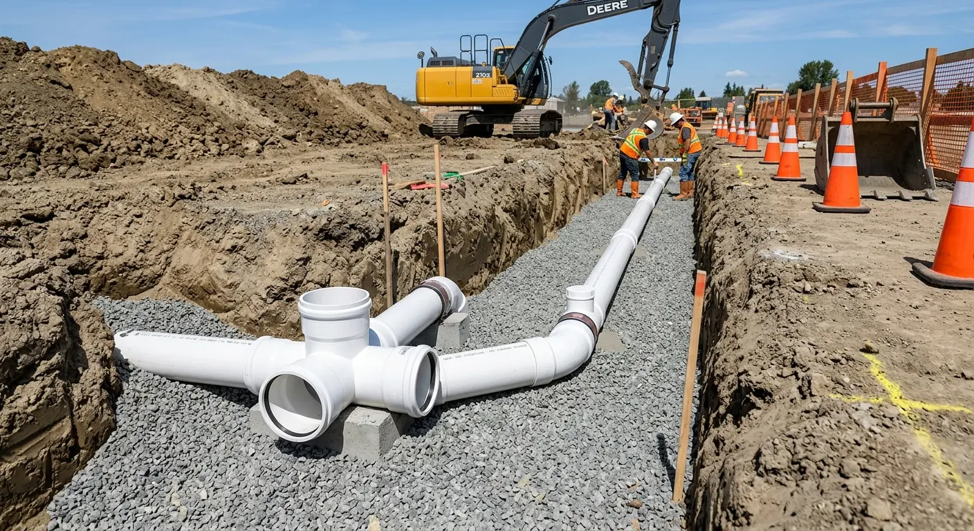 New PVC sewer pipe installation in open trench for Grease Trap Cleaning in Carterville