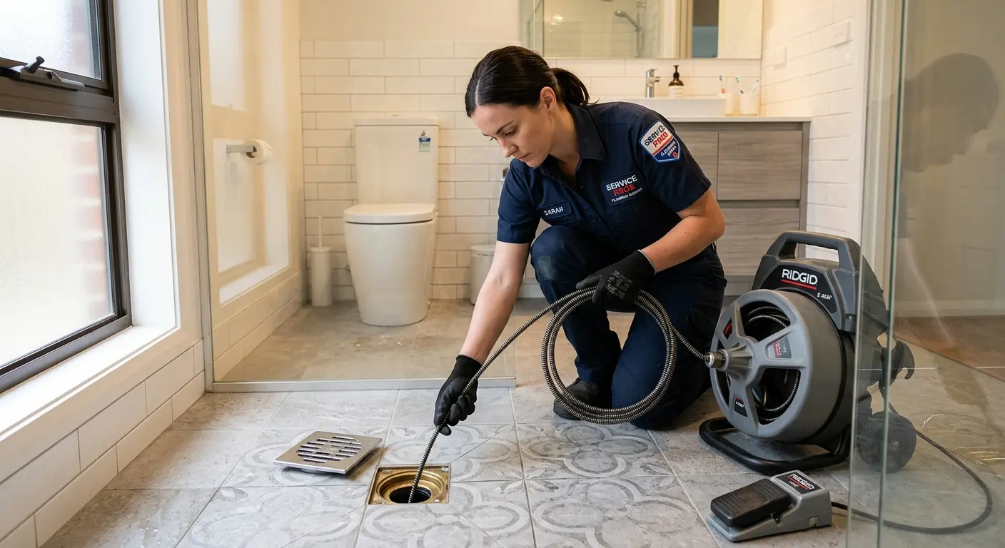 Technician clearing a bathroom floor drain for Clogged Drain Repair in Carterville